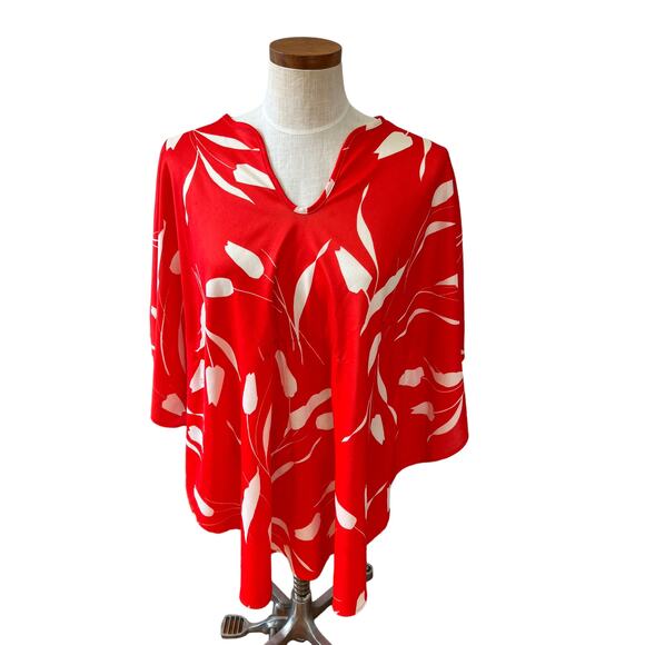 Vintage 60s kaftan tunic coverup red orange floral print - Picture 1 of 8